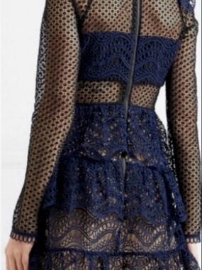 Self-Portrait Navy Long-Sleeve Lace Tiered Dress